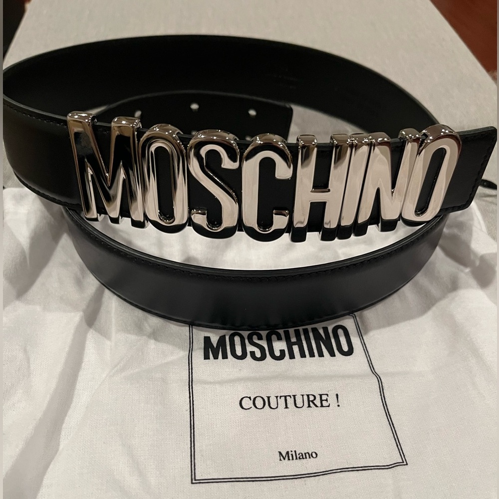 Moschino Black Belt with silver Logo, authentic